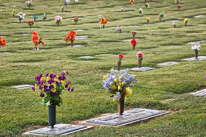 Bunches of beautiful red flowers mounted on grave markers